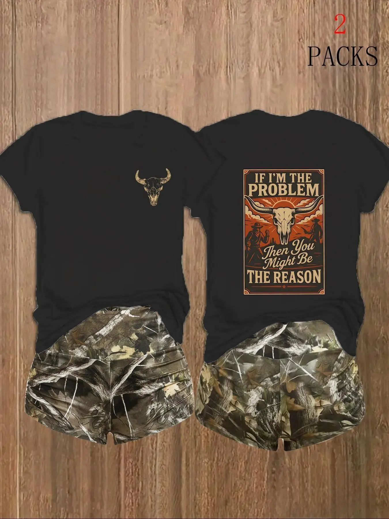 Women's 2-Pack Western Bull Print T-Shirt & Camo Shorts Set, Soft Casual Fabric, Daily Streetwear Loungewear, Multi-Color Options