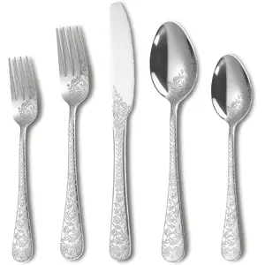Vintage Carved Floral Silver Silverware Set for 4, Stainless Steel 20-Piece Flatware Set with Knife/Fork/Spoon, Cutlery Set for Home and Kitchen, Modern Utensil Set