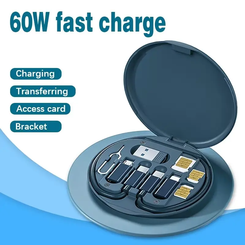 Compact Portable Multifunctional Electronic Data Cable Storage Box - 60W Fast Charging Charger Set with Multi-Head Conversion, Cellphone Mobile Phone Holder iPhone iPad Kit Retractable Multi-Phone Car 100 wireless
