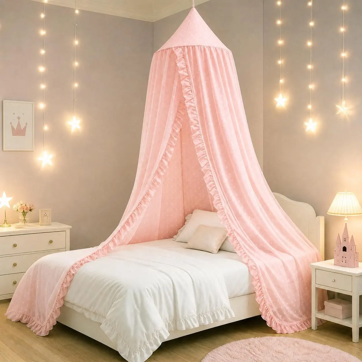 Lace Chiffon Bed Canopy with Pom Pom Trim, Ruffled Edges Princess Look Curtains for Girls’ Indoor Room Reading Nook Play Tent (Blush Pink), Chiffon Lace