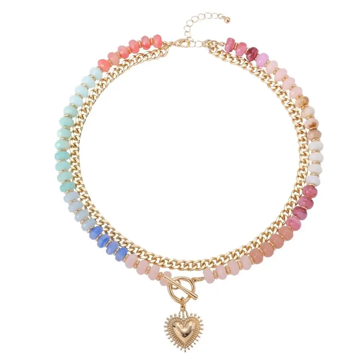 Women's Ballet & Dance Alloy Rainbow Beaded Choker - Gold-Plated Double-Layer Chain, Vintage Heart Pendant, 1.97-inch Extension Chain, 1.45 oz Natural Stone Necklace, Adjustable for Beach & Daily Leisure Use, Adjustable Length Necklace, Elegant Necklace