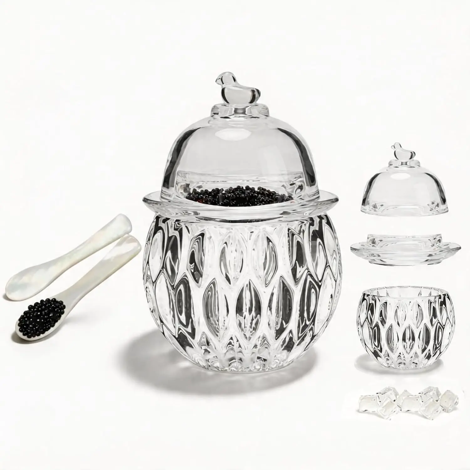 2 Pcs Caviar Serving Set with Mother of Pearl Spoons Chilled Glass Caviar Dish With Lids Ice Bowls Keep Food Cold Elegant Serving Tray for Caviar Shrimp Party Appetizers Leaf