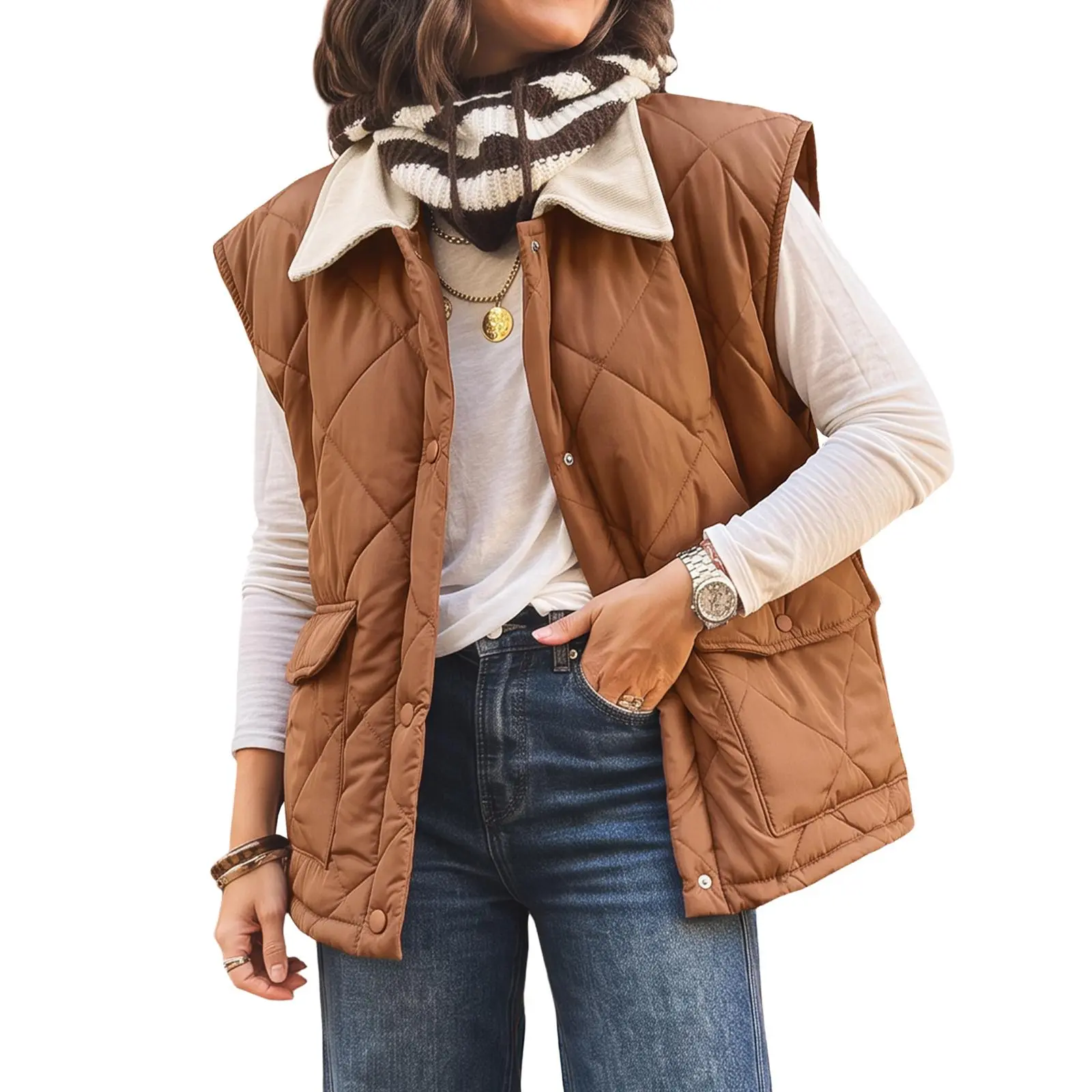 Imily Bela Contrast Collar Diamond Quilted Puffer Vest Women Casual Sleeveless Warm Padded Waistcoat with Side Pockets Womenswear Tops