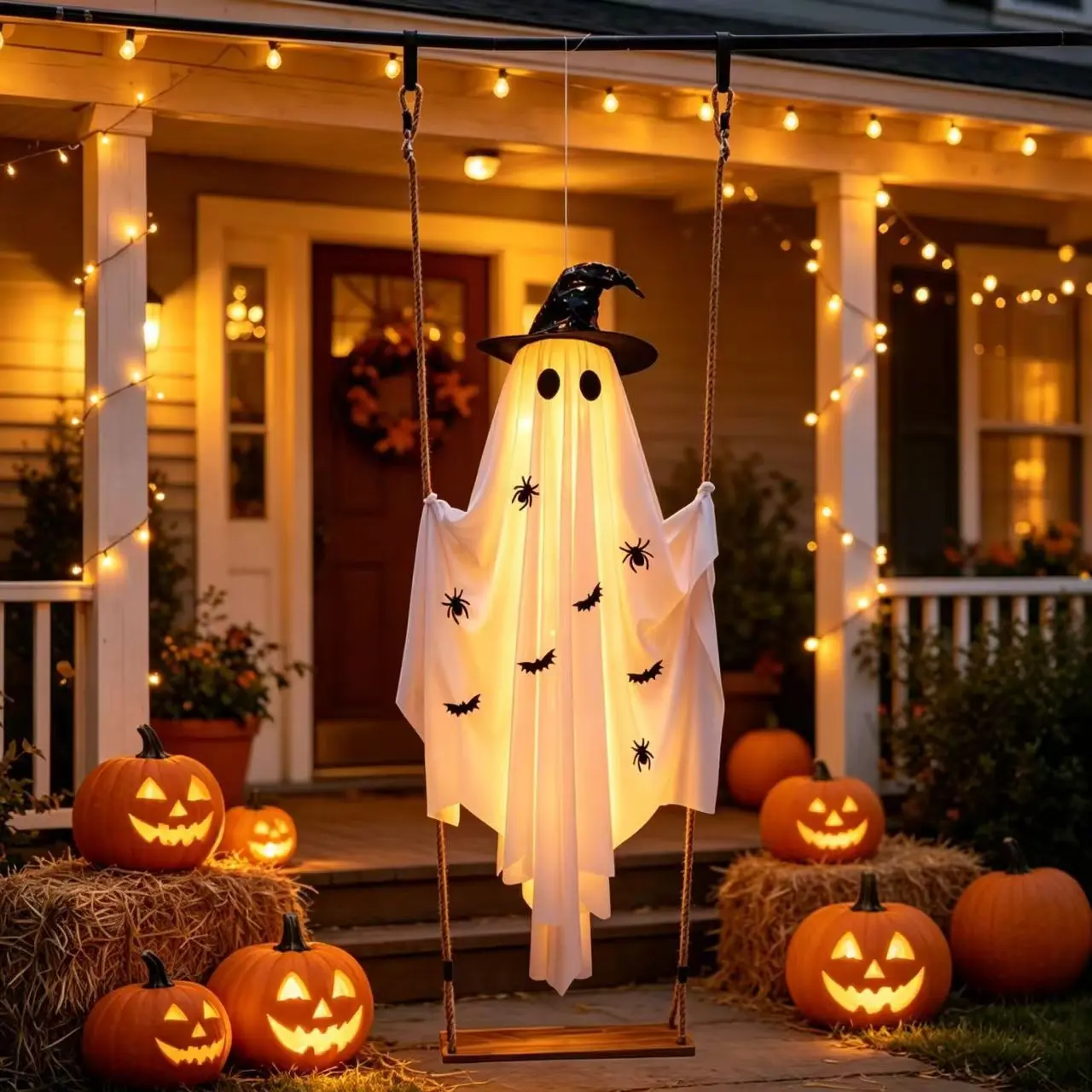 Halloween Glowing Ghost Swing Ornament, Outdoor Witch Ghost Light Decor, Night Glow LED Festival Hanging Prop, Waterproof Garden Decoration