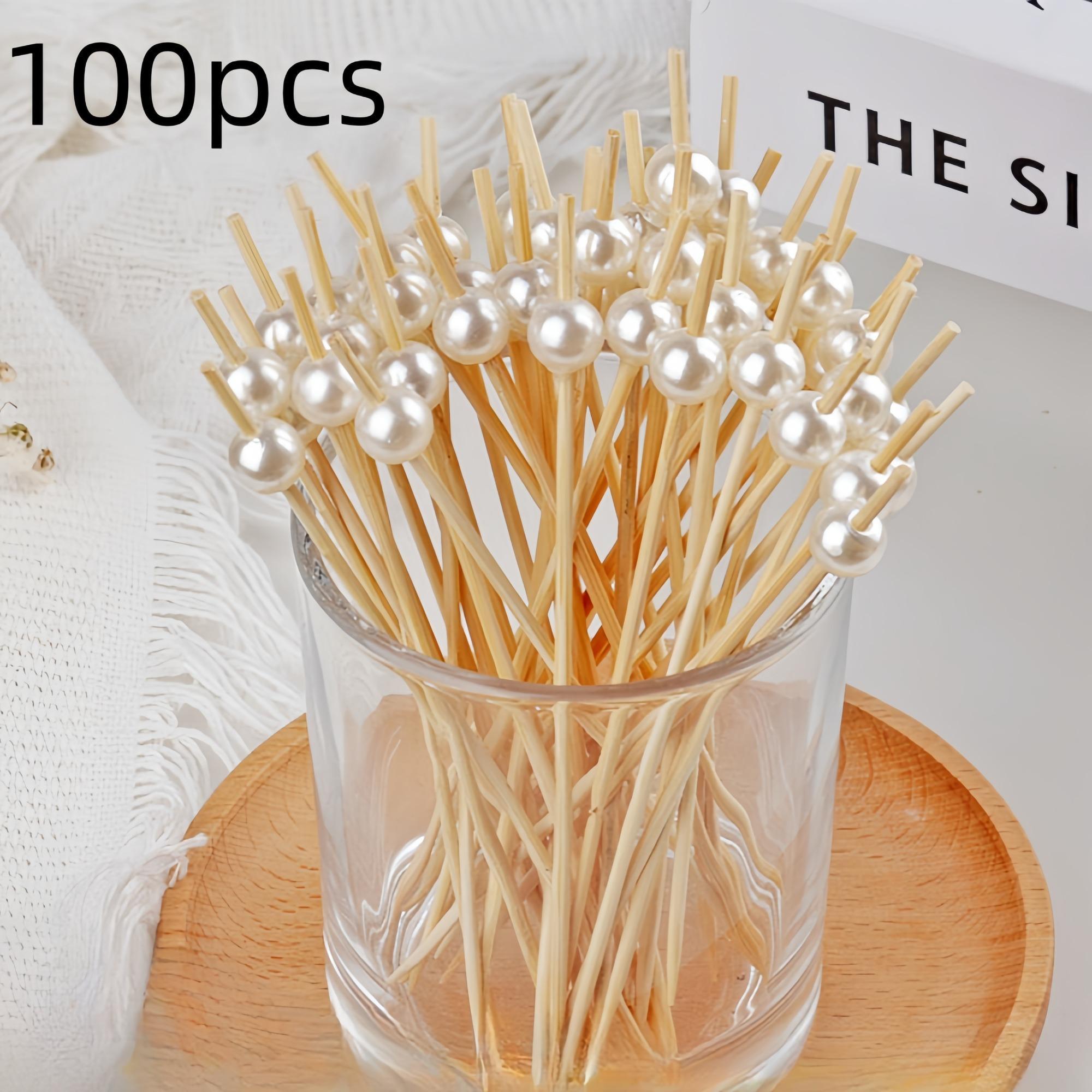 Bamboo Fruit Stick (100pcs), Faux Pearl Decor Cocktail Stick, Party Dessert Stick, Disposable Food Stick for Party, Festive & Party Supplies, Party Accessories, Disposable Cocktail Sticks, Festival Party Supplies