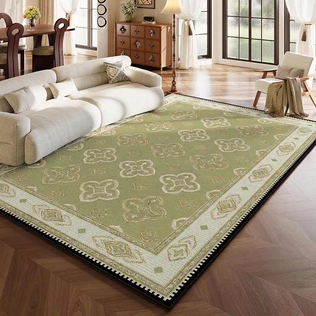Large Size Matcha Green Medieval Vintage Single Rug (140cm×200cm/4.59'-6.56'), European Floral Non-Slip Washable Indoor Floor Mat for Living Room