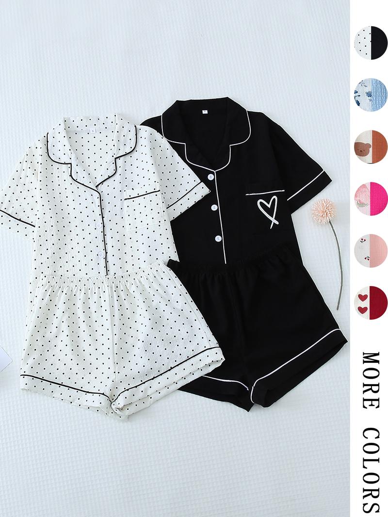 Women's All Over Print Loungewear Set, Contrast Binding Pocket Top & Shorts Pj Set, Ladies Summer Sleepwear