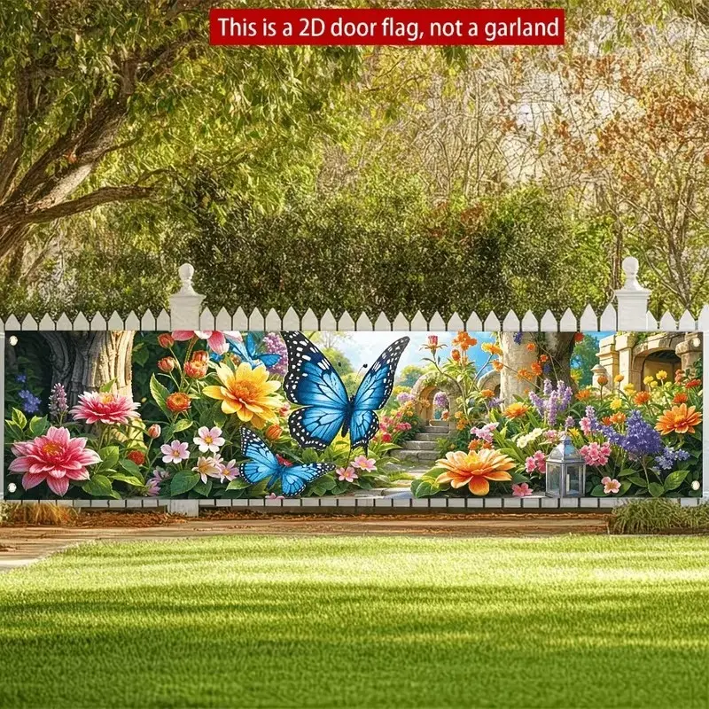 2D Flat Banner 1pc, Spring Floral Butterfly Banner, Vibrant Garden Decor, Party, Festival, Wedding, Birthday, Easter, Durable Polyester
