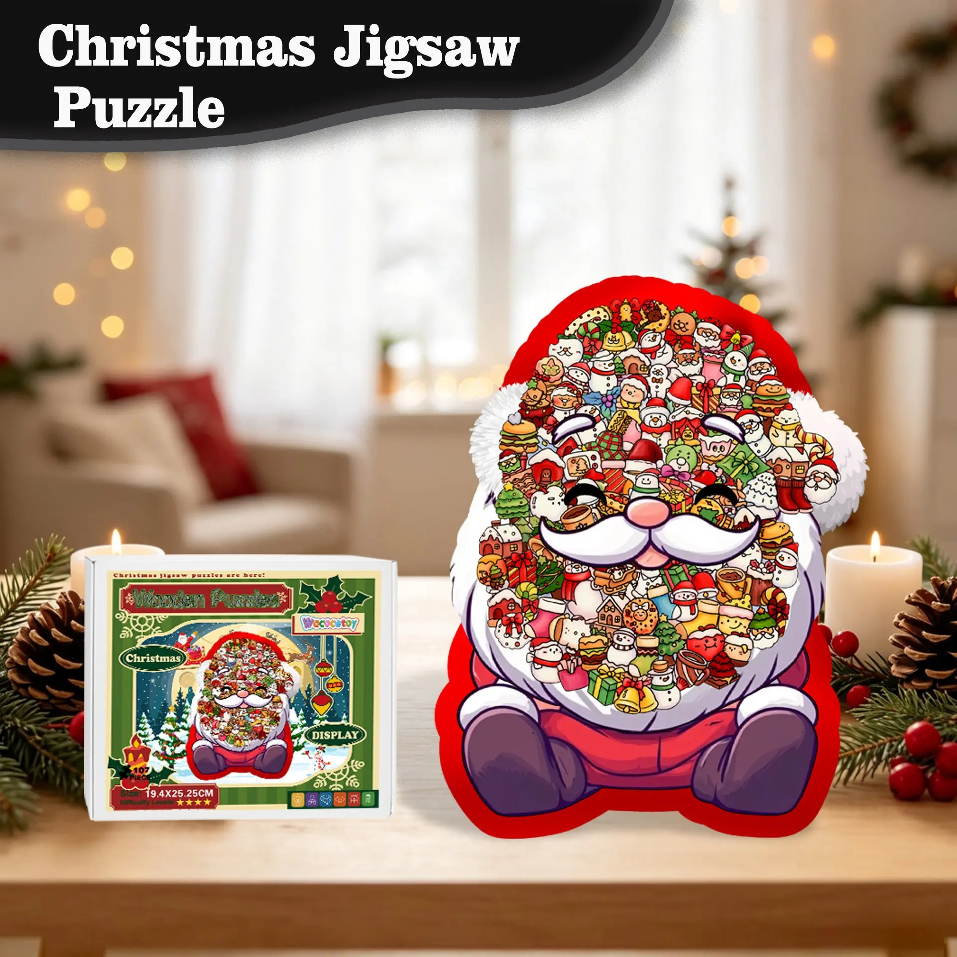 1PC Christmas Santa‑Shaped Wooden Jigsaw Puzzle, Creative Wood Puzzle, Desktop Ornament, Christmas Gift