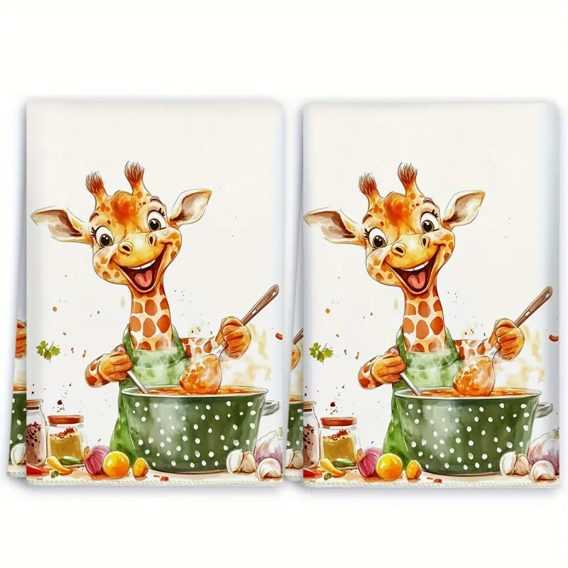 2 Pack Cute Giraffe Chef Kitchen Towels, Watercolor Cartoon Cooking Dish Towels, Funny Animal Absorbent Tea Towels, Decorative Cleaning Cloths for Kitchen