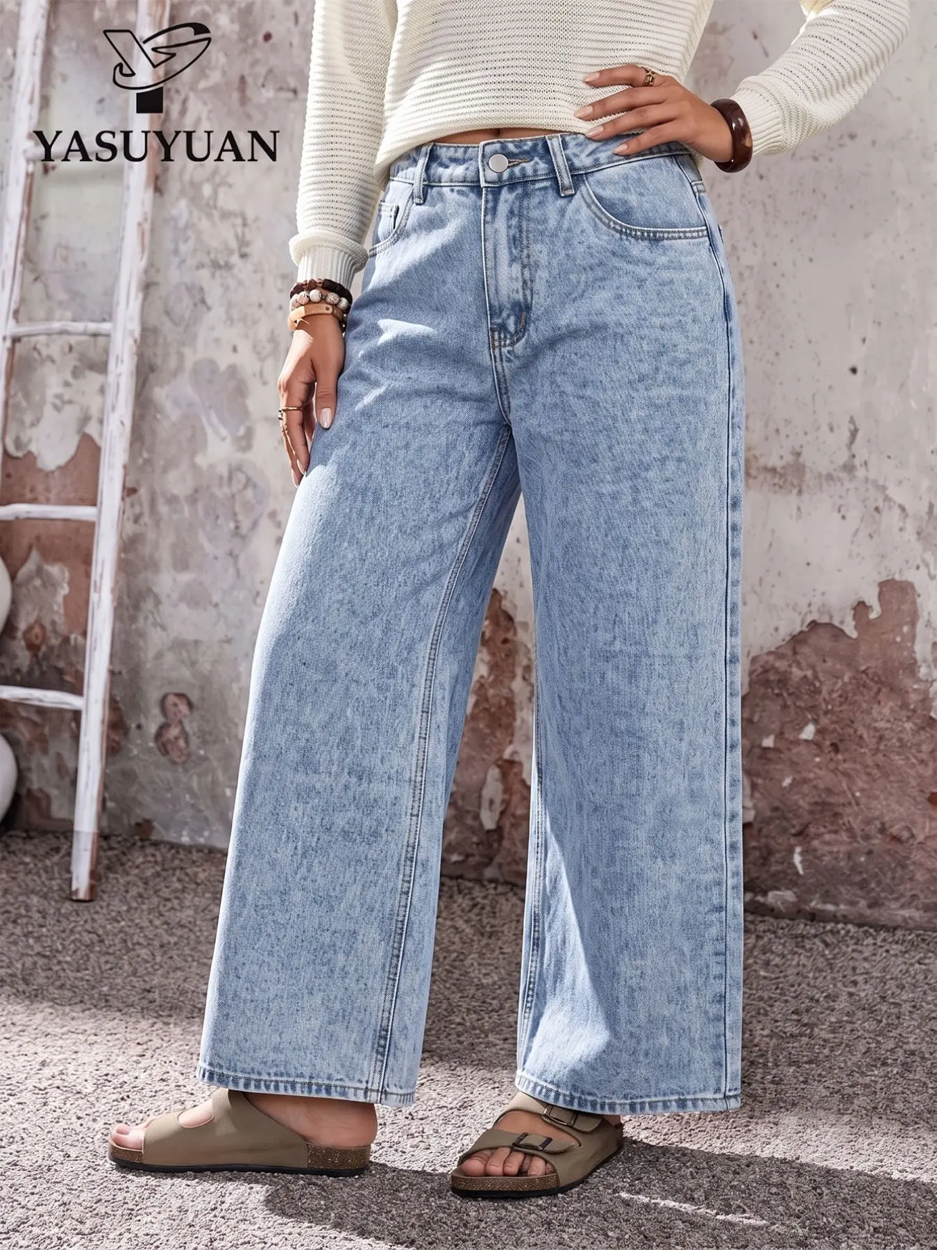 Women's Wide Leg Jeans Blue Distressed Slant Pockets Hem Fashion Comfort Daily Wear, Stylish Denim Jeans for Everyday Use