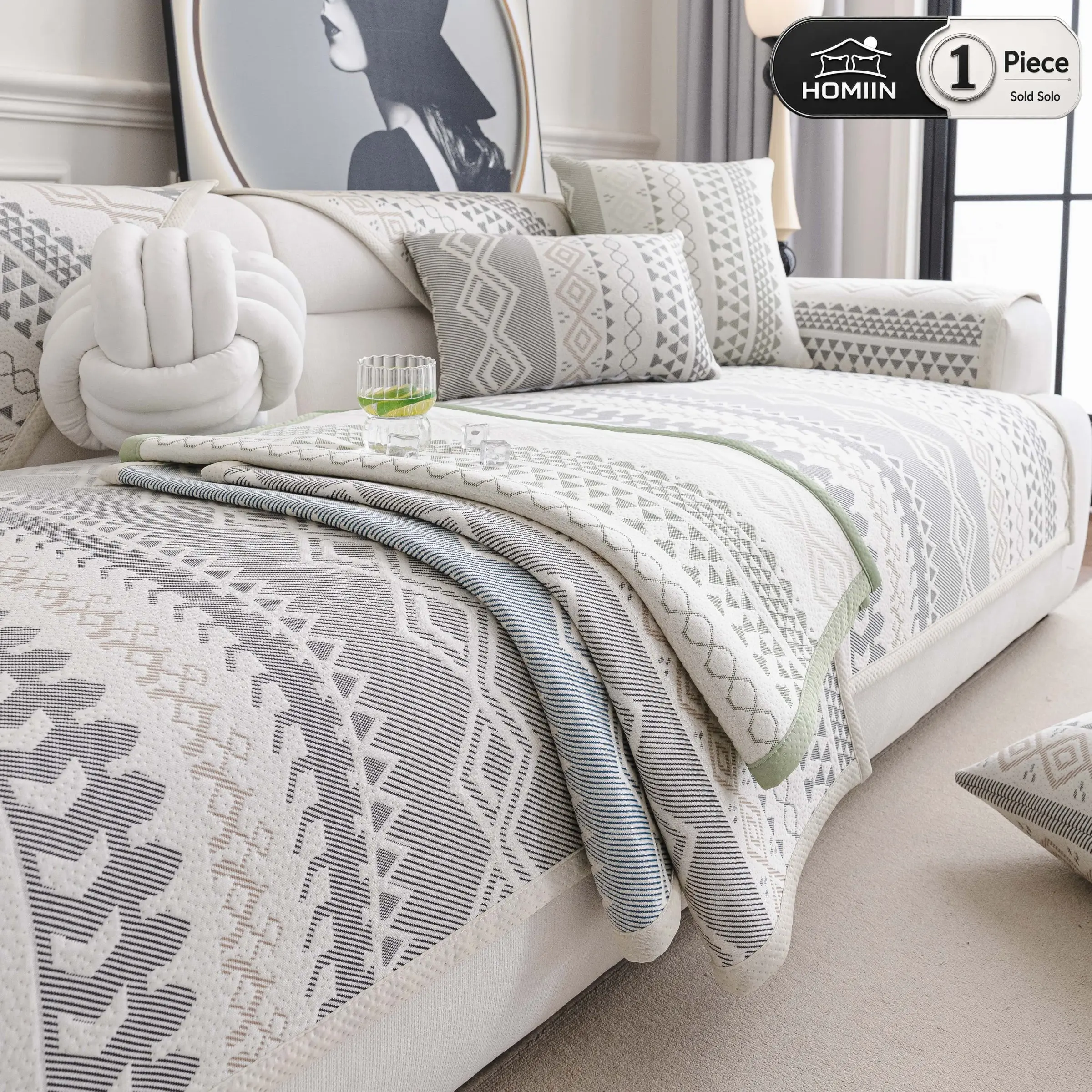 HOMIN-Cooling Summer Sofa Cover Non-Slip Washable Pet Friendly Couch Pad with Geometric Pattern for Comfortable Room