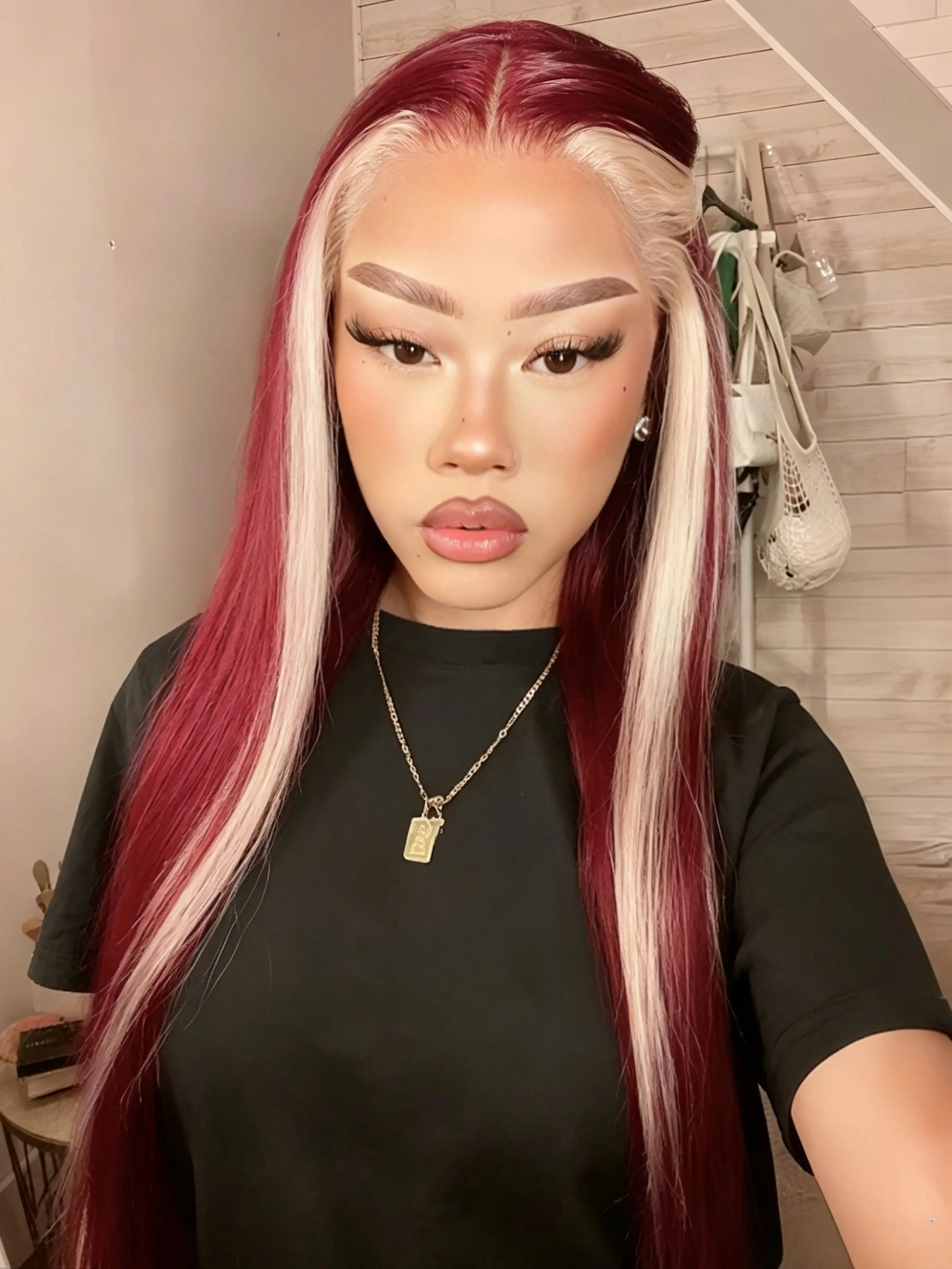 Burgundy With Blonde Highlights Lace Front Wig, Wine Red 13x4 Lace Front Wig,Heat-resistant Synthetic Fiber Wigs,Straight Blonde Wig,Cosplay Halloween Party Use (28 Inch), Synthetic Material Wigs, High Quality Wigs, Synthetic Hair, Artificial Wig