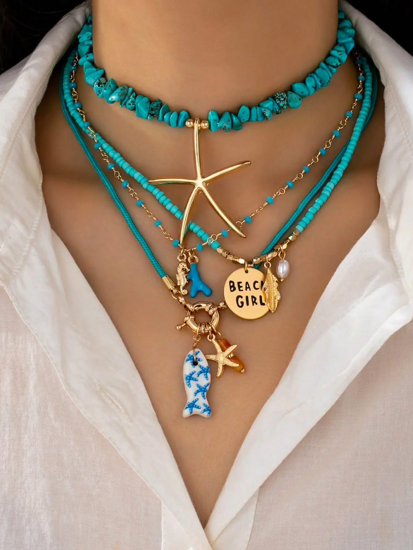 4 Pc Summer Bohemian Boho Unique Aesthetics Starfish Pendant Handmade Turquoise Stone Beaded Layered Necklace, Carabiner Locket Necklaces with Fish Coral Charms, Beach Vocation Jewelry Accessories