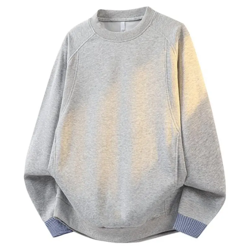 Men's Long Sleeve Raglan Round Neck Sweatshirt - Comfortable Soft Thick Fleece, Contrast Plaid Inner Cuffs, Ribbed Neckline & Hem, Loose Relaxed Silhouette, Minimalist Everyday Casual Pullover for Spring Autumn Layered Outfits