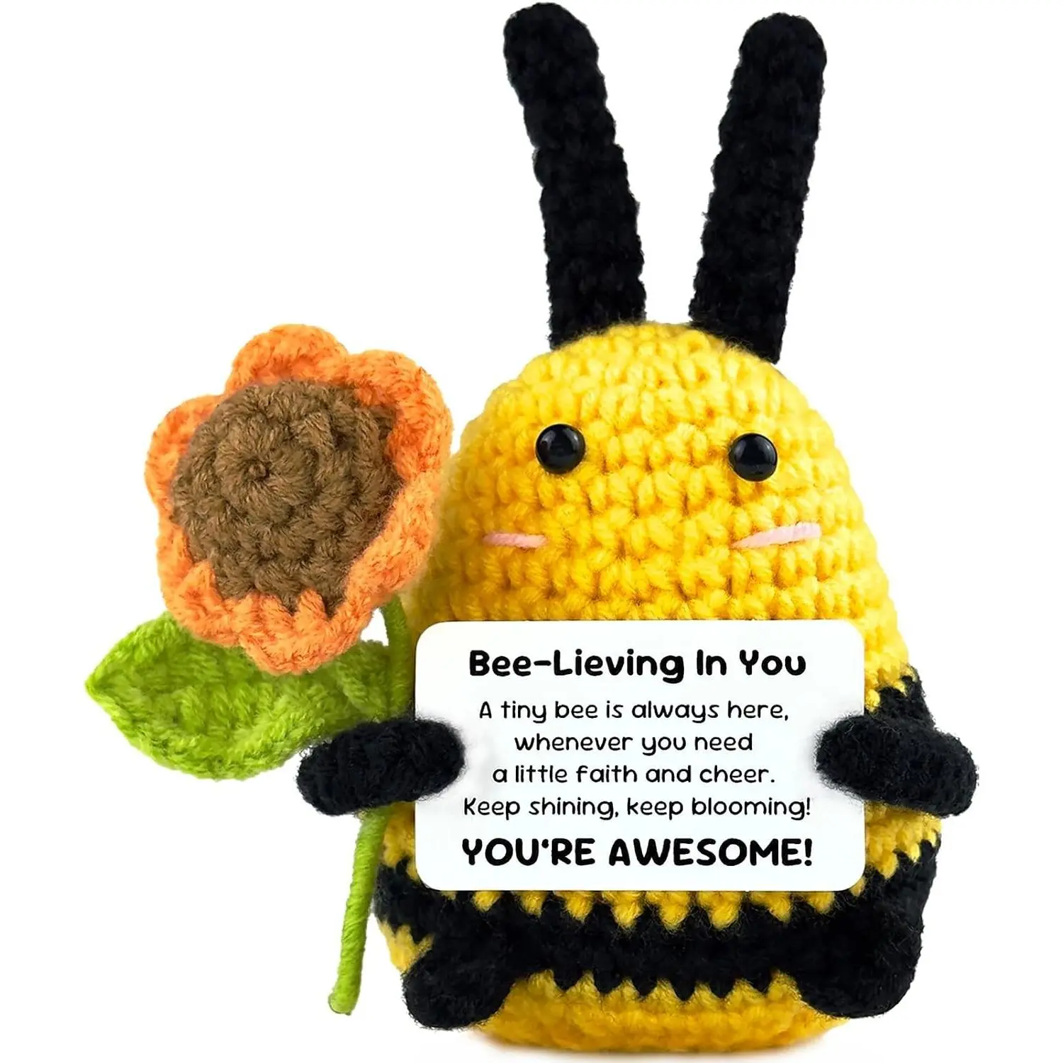Emotional Support Positive Crochet Bee Doll with Card, Inspirational Handmade Knitted Animal Cute Plush, Funny Gift for Women Men Birthday Friends Coworkers, Christmas Office DecorGift