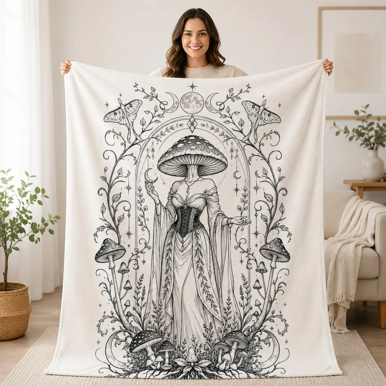 Mushroom Witch Star Moon Flower Vine Print Flannel Blanket, Soft Lightweight Bed Cover Sofa Throw, Gothic Bohemian Forest Style, Home Decor Gift