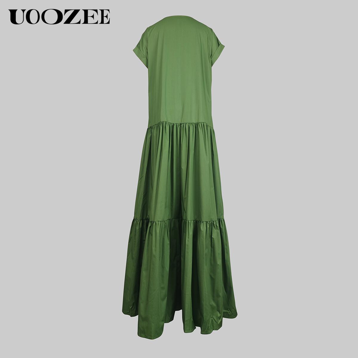 UOOZEE Women's Bright Chic Loose Short Sleeve Pleated Pocket Solid Color Slit V-Neck Maxi Dress Summer Casual Basic Cotton Blend Machine Washable Holiday Dress Womenswear Minimalist (Size is one size larger, it is recommended to order one size smaller)
