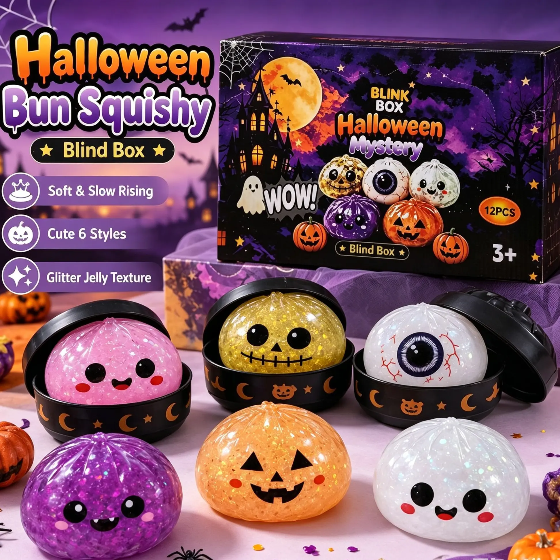 Halloween Baozi Stress Relief Toy, High-Quality 8.5cm Squeeze Fun, 1 Box with 6 Random Styles, Perfect for Unwinding and Relaxing
