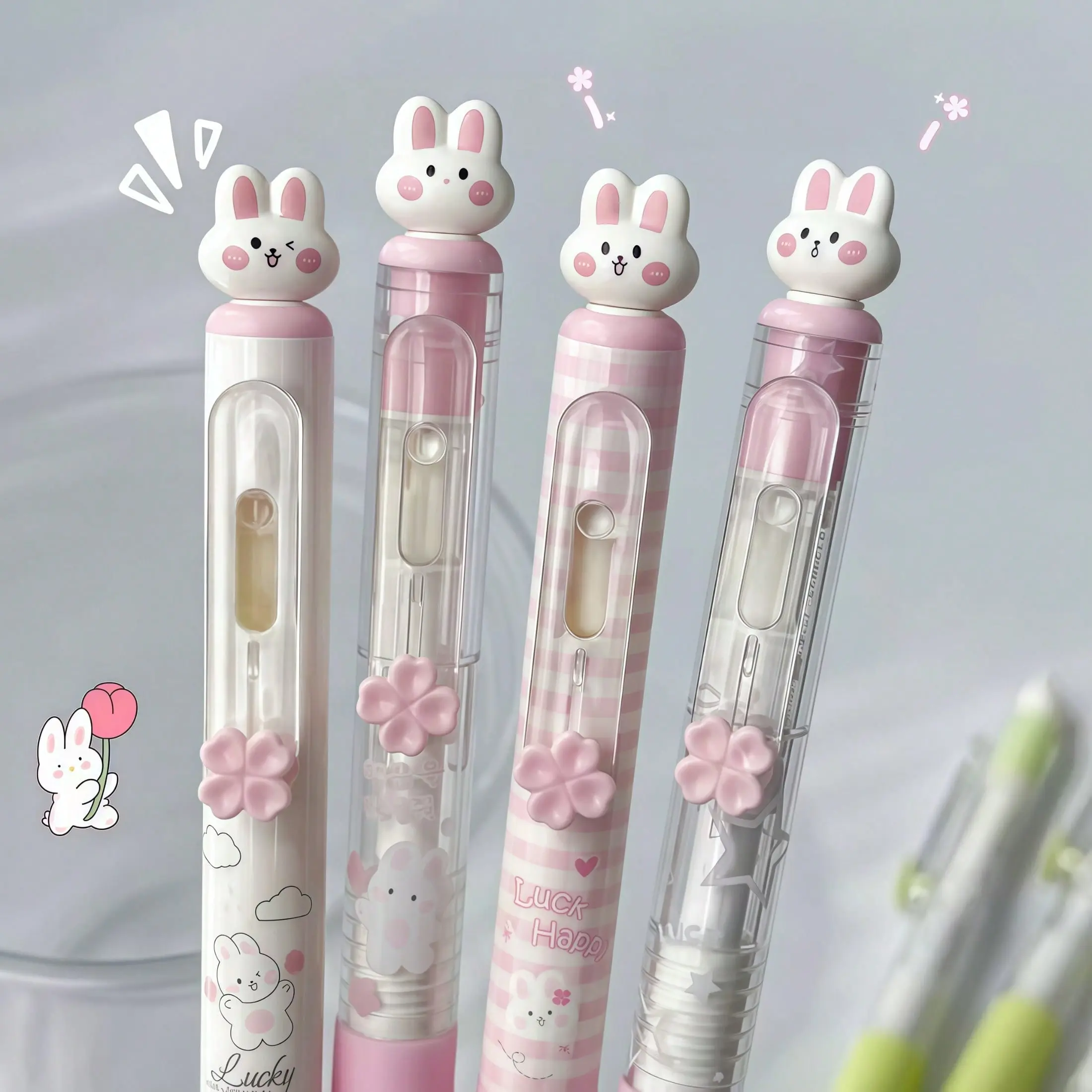 6pcs Cute Rabbit Gel Pens, Aesthetic Pens, 0.5mm Quick-Drying Ink, Stress Relief Rotating Refill, Silicone Sleeve, Office & Gift Idea