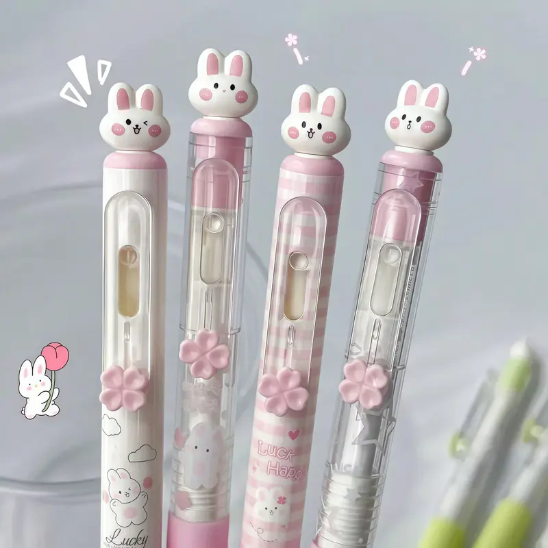 4pcs Aesthetic Gel Pens, Cute Pink Rabbit Style Gel Pens, Creative Twist Cup, 0.5mm Quick-Drying Black Ink, Stress Relief Rotating Refill, Silicone Sleeve, For Office, Back To School, Holiday Gifts