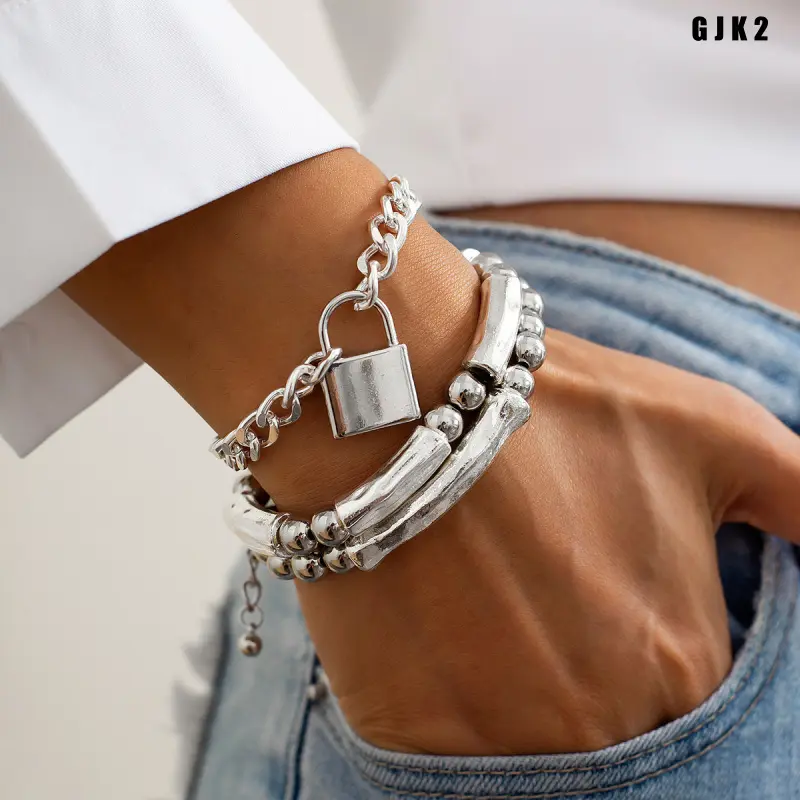 Silver‑Tone Multi‑Layer Stackable Bracelet Set, Vintage Lock Charm Curb Chain, Textured Beaded Metal Bangle, Punk Hip‑Hop Chain Bracelets, Statement Layering Jewelry for Daily Nightclub Dating Party & Holiday Gifting