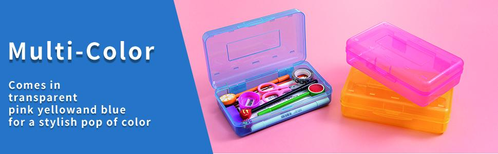 3 Pack Large Hard Plastic Pencil Case with Snap Lid-Clear Crayon Box, Marker Pen Organizer, Stackable Art Craft Storage Container, Colorful - Back to School Supplies