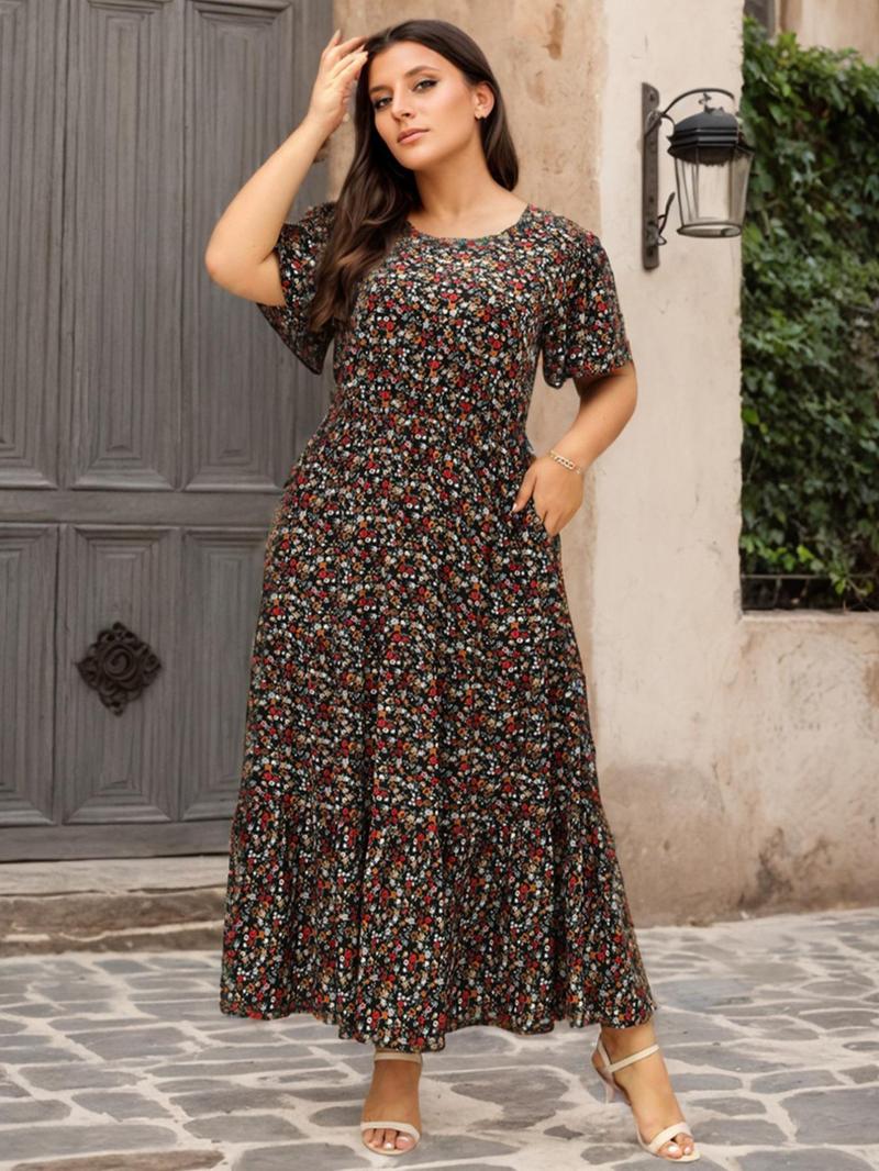 【Plus Size】 Ditsy Floral Print Round Neck Dress, Boho Style Casual Short Sleeve Long Dress for Daily Holiday Vacation Wear, Women's Clothes for Spring & Fall
