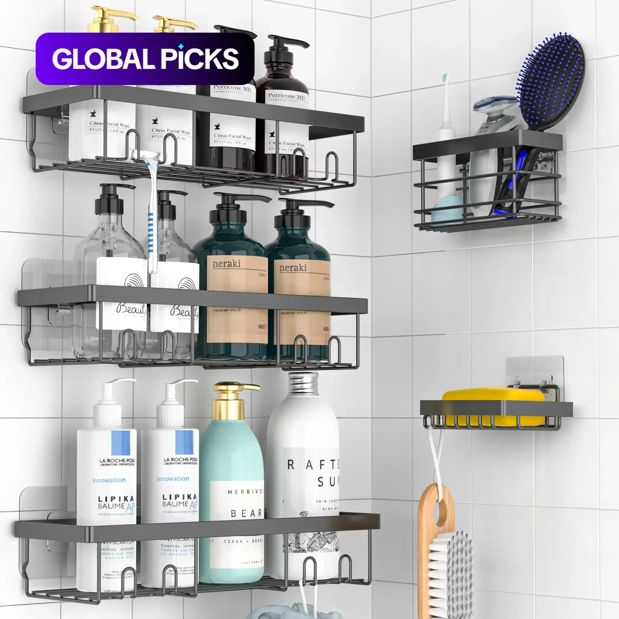 5-Piece Shower Rack Set, No-Drill Adhesive Rust-Proof Bathroom Organizer, Large Capacity Wall-Mounted Shelf, Essential for Bath, Kitchen, Home, Shower Organizers #GLOBAL PICKS