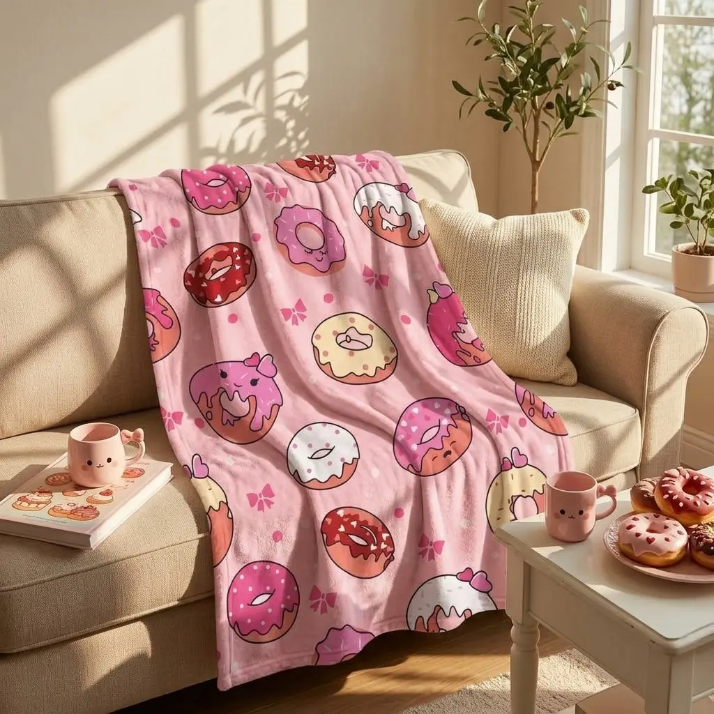 Cute Donuts Throw Blanket, Cartoon Sweet Food Pattern, Soft Cozy Plush Fleece Blanket, Ideal for Room & Couch Decor