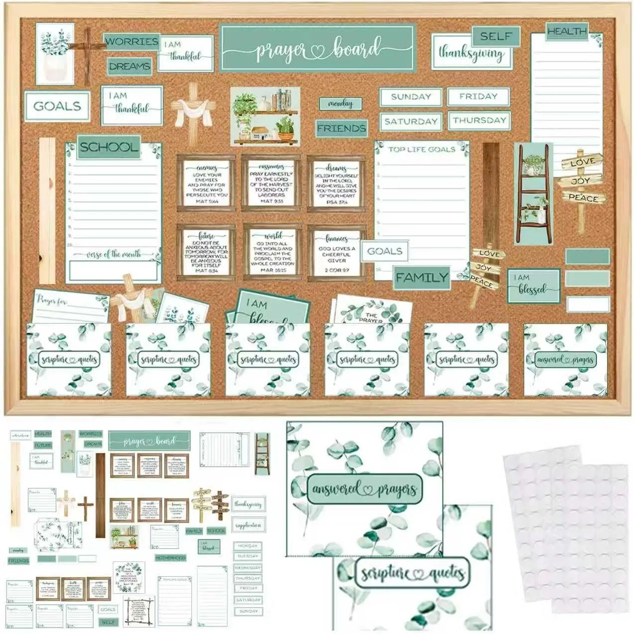 180 pcs Prayer Board Kit Christian Gift prayer board supplies for women Eucalyptus leaf Pray Gifts for Envelope Set Bible Verse Quotes Supplies DIY Wall Art for home office church school