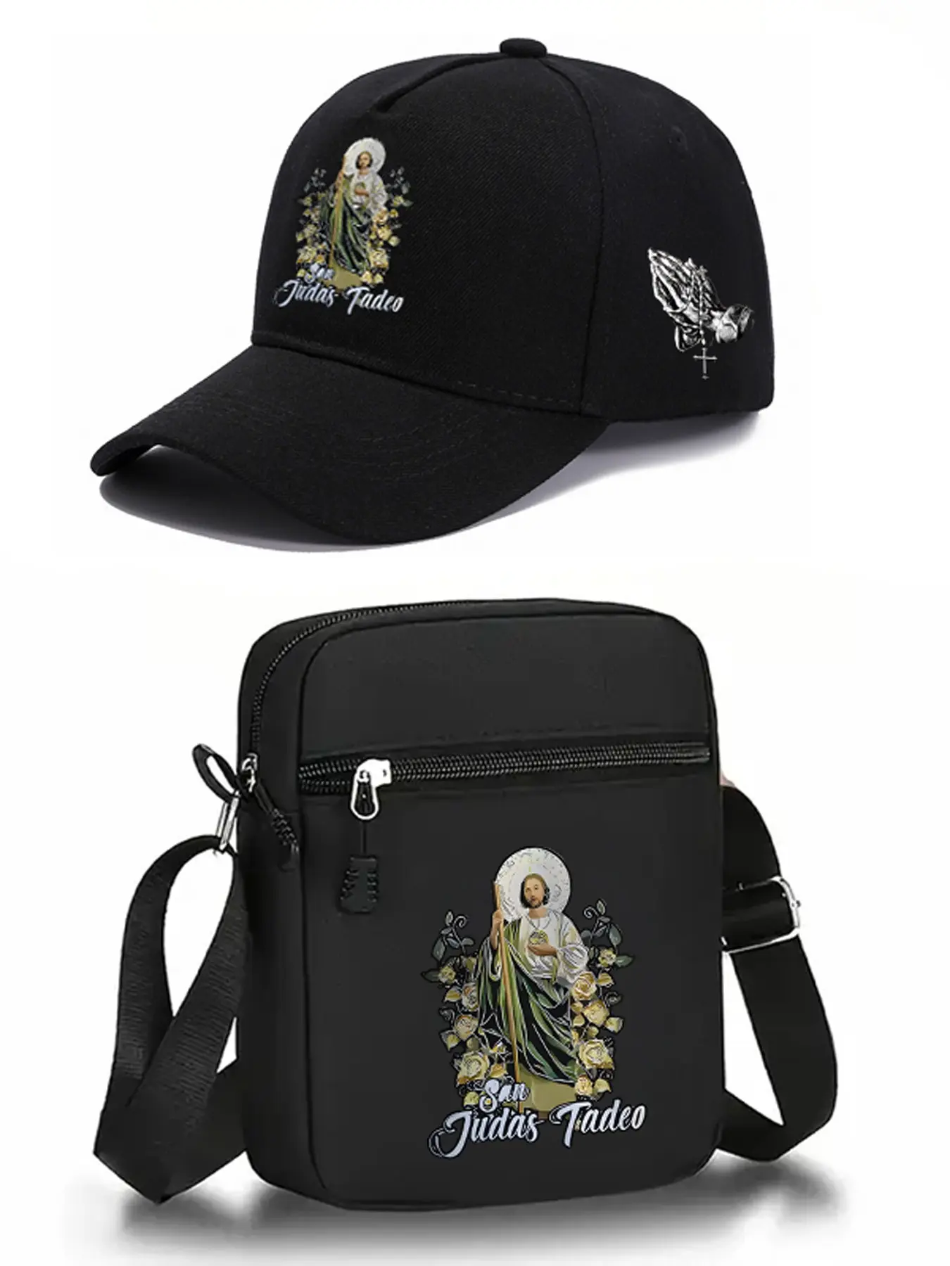 2pcs San Judas Tadeo Print Baseball Caps and Crossbody Bag Set, Adjustable Street Fashion Outdoor Sports Hats and Purses, Perfect for Daily Wear and Gifts