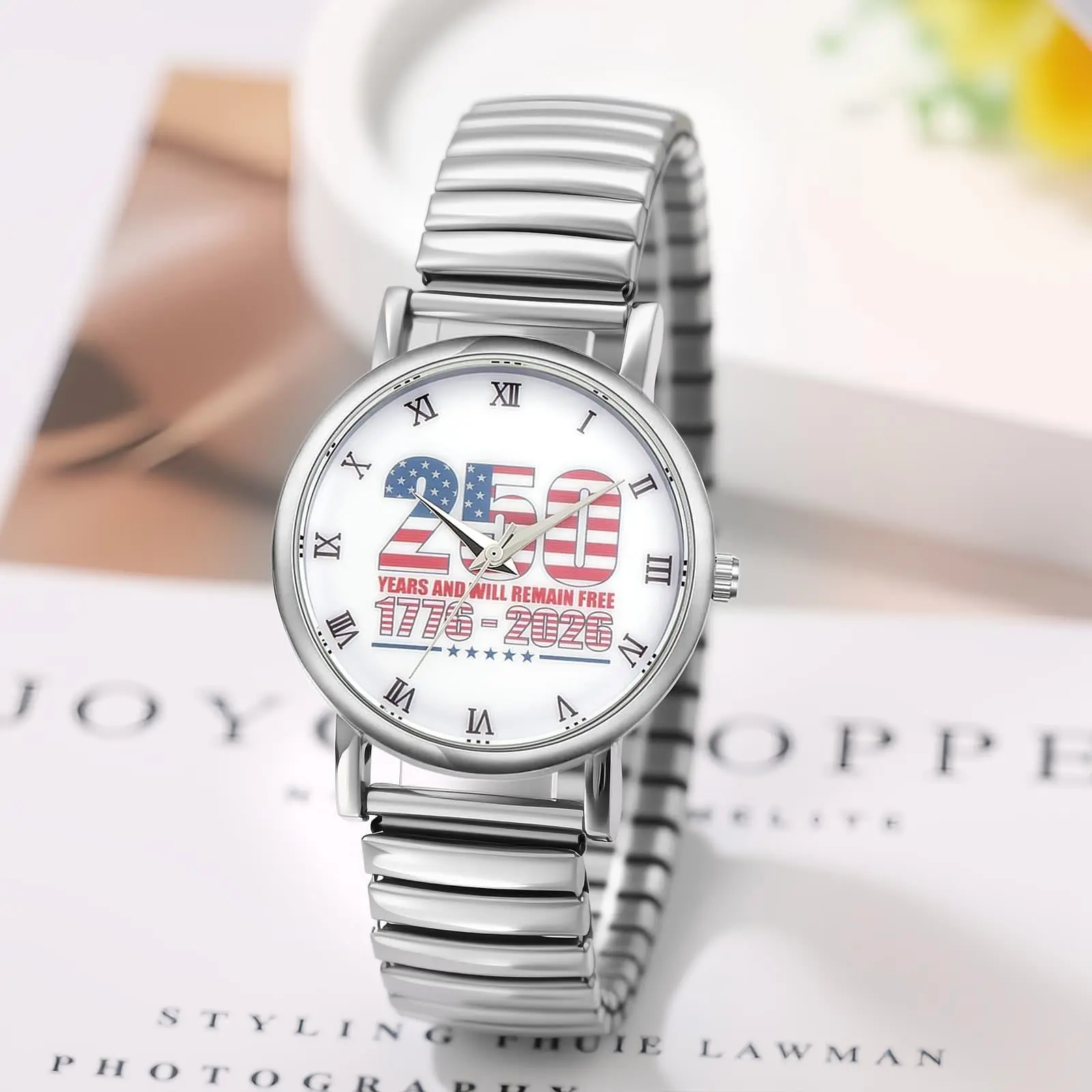Commemorative Wrist Watch, USA 250th Anniversary Design with Roman Numerals, Analog Quartz Movement and a Stainless Steel Flexible Expansion Band, Adjustable Wearable Wrist Watches, Classic Fashion Men's Watches