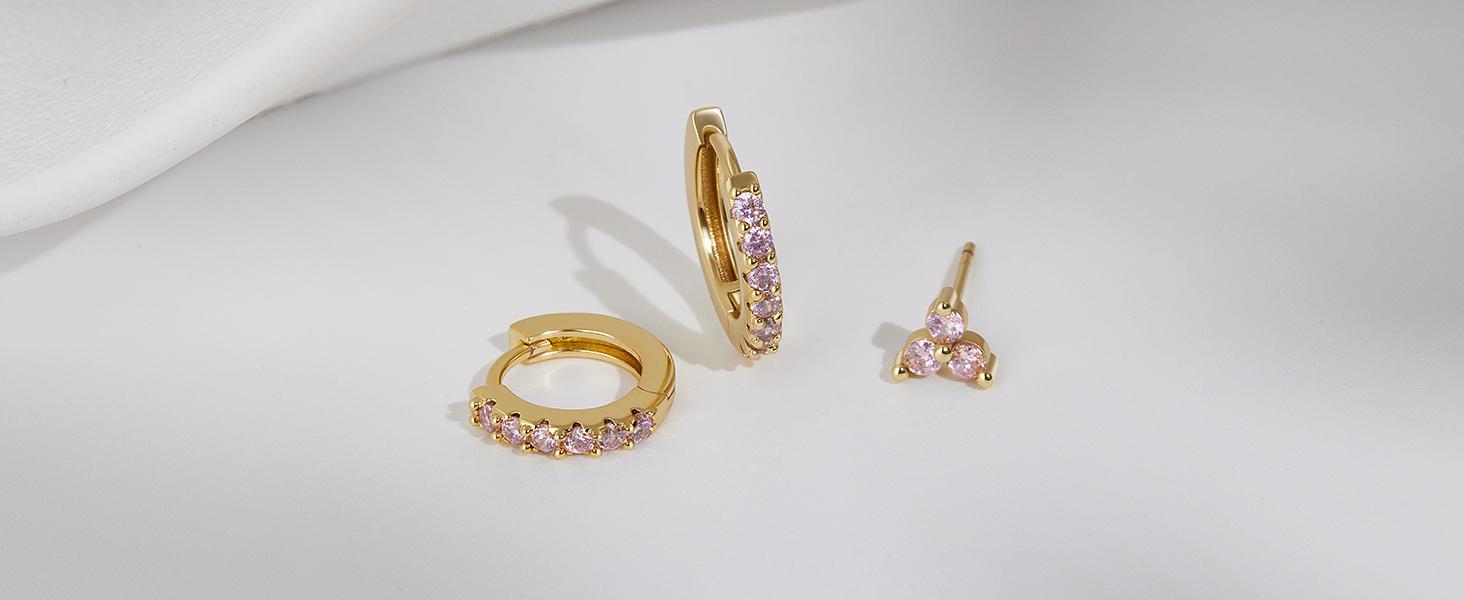 3-Pair Women's Small Hoop Earrings Set, Diamond Shamrock Stud Huggie Cartilage Earrings for Multiple Piercings, Trendy St. Patrick's Day Holiday Jewelry Gifts