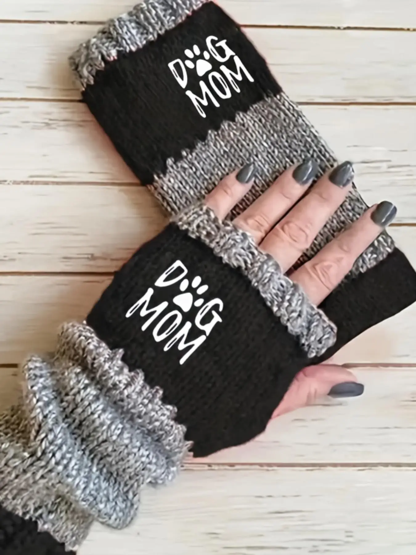 Women's Vintage Mom & Paw Print Embroidered Fingerless Gloves, Elastic Wrist Warmers, Soft Stretch Arm Sleeves, Pet Lover Gift