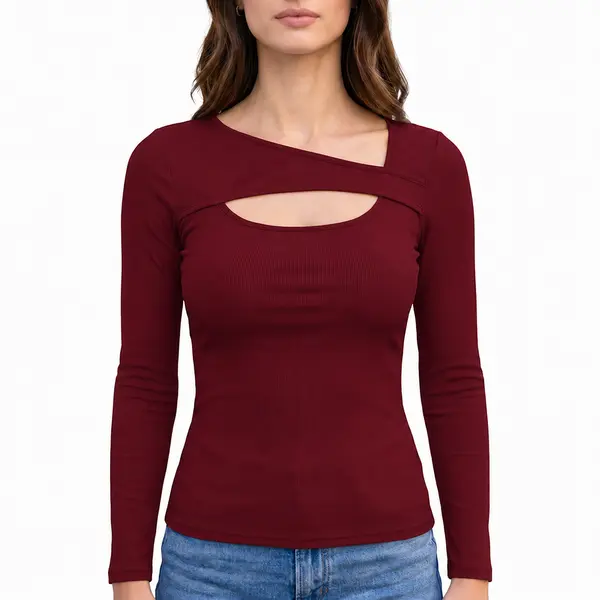 Cutout Long Sleeve Top Slim Fit Ribbed Knit Tee Soft Stretchy Lightweight Shirt for Women Casual Going Out Club Party