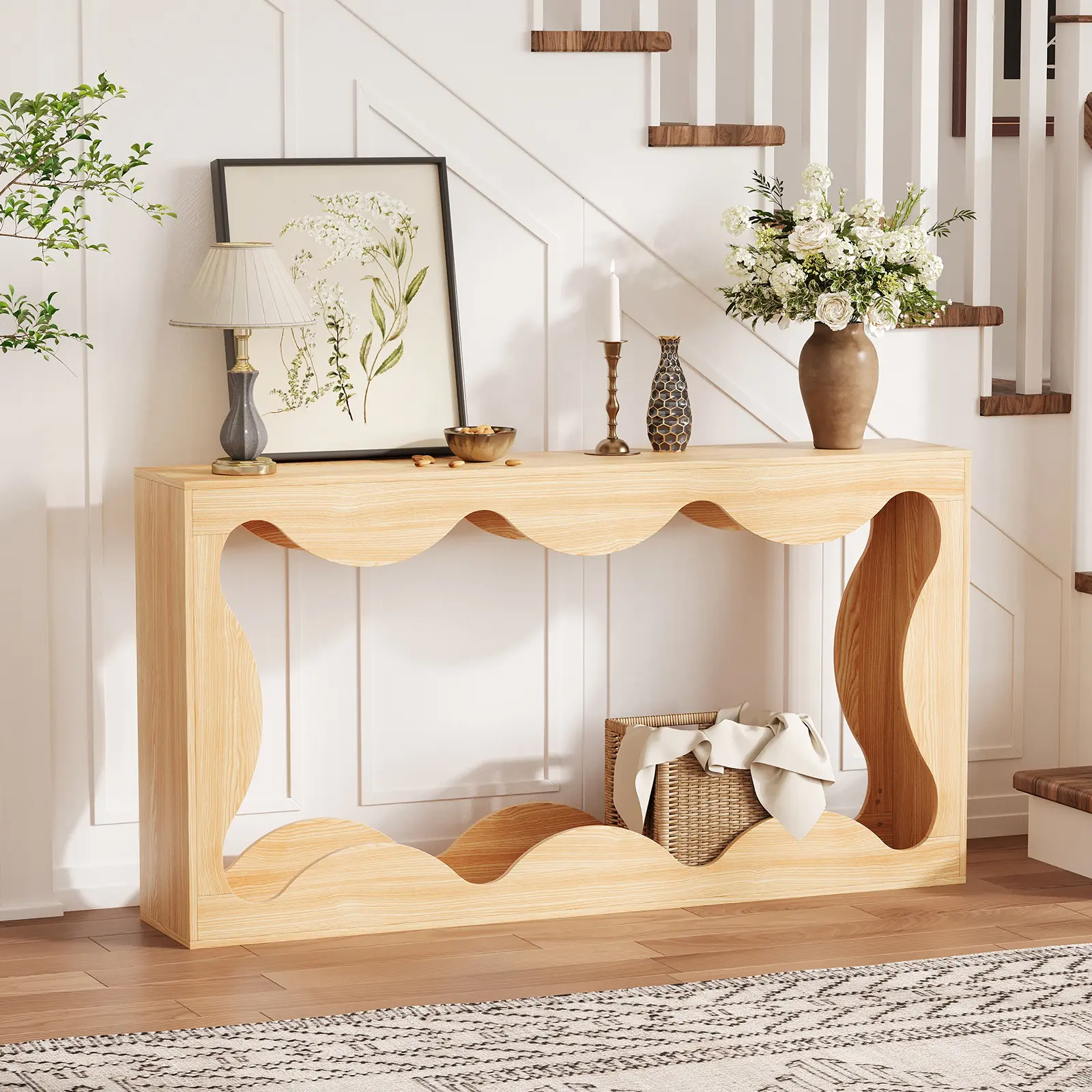 Farmhouse Scalloped Console Table 63-Inch – Narrow Rustic Wooden Sofa Table with Storage Shelf – Space-Saving Slim Design for Entryway, Living Room, Hallway – Durable Natural Wood Grain Accent Furniture