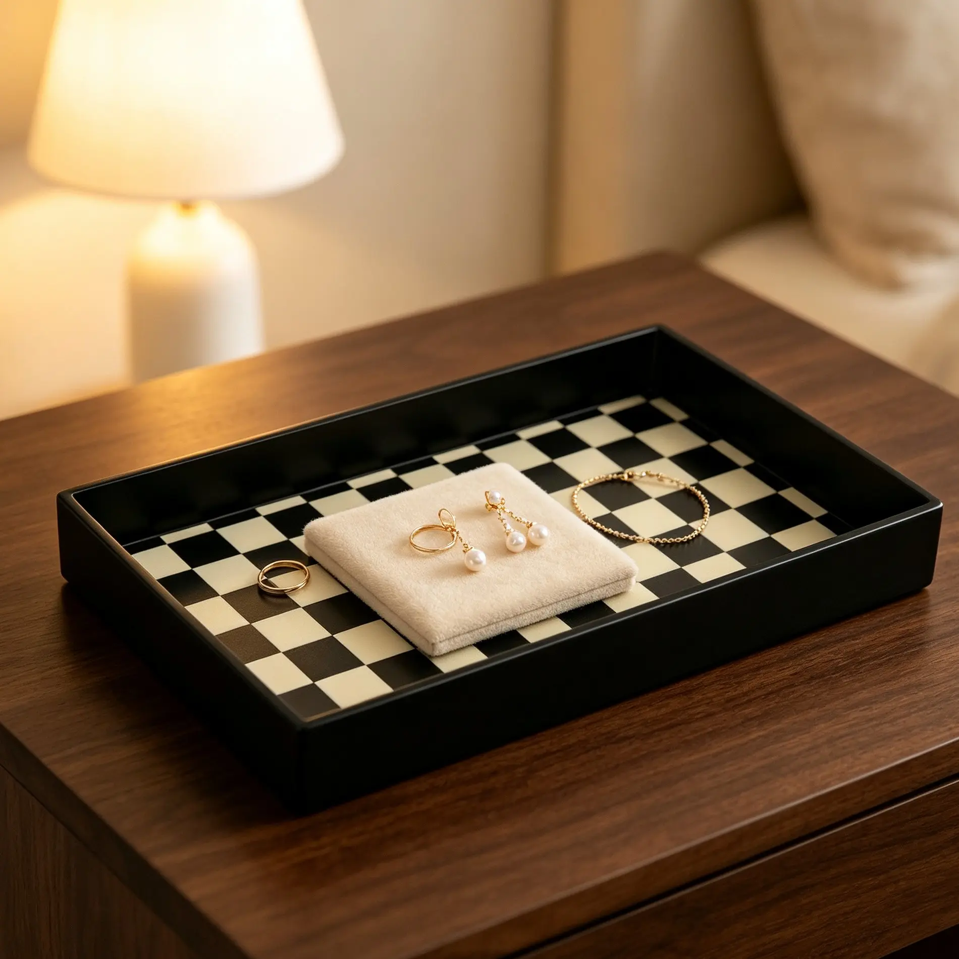 5-Piece and Checkered Wooden Jewelry Tray, Mdf Wood Grain Material, Perfect Gift Choice, Elegant Storage Solution