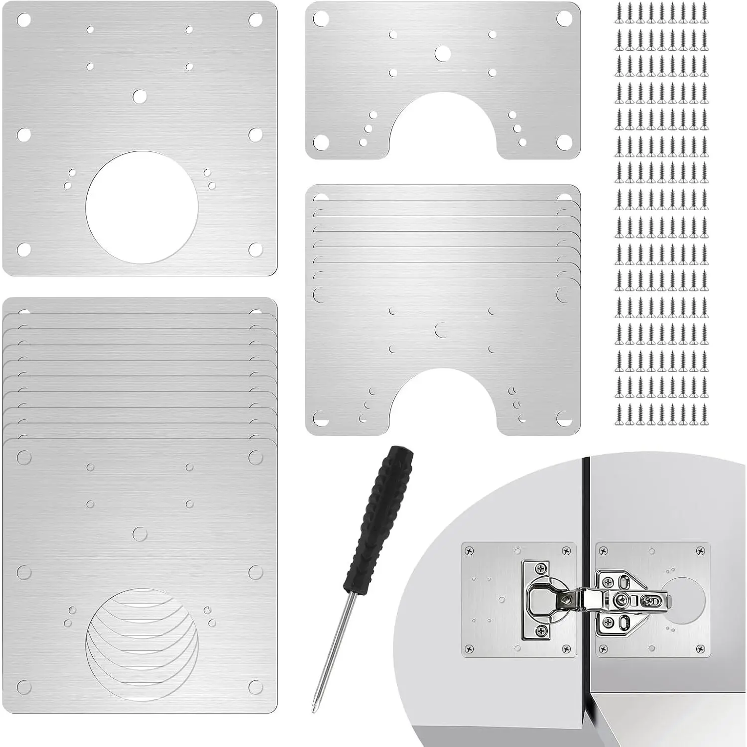 24-Pack Cabinet Hinge Repair Plates, Multi-Hole Durable Stainless Steel Mounting Fixing Brackets, Hinge Repair Kit with Screws &  for Kitchen Cabinets, Cupboard Doors & Furniture