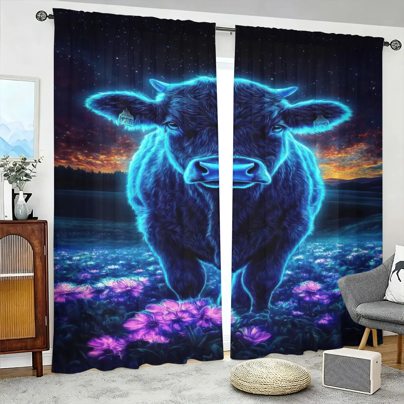 2pcs Neon Highland Cow Print Curtain, Featuring Purple Floral Fields, Starry Sky,Dusk Scenery Pattern, Brushed Fabric Semi-Blackout Curtain (With Privacy Protection In Mind) Fade-Resistant, Rod-Pocket Style; For Decor Curtains In Bedroom And Living Room