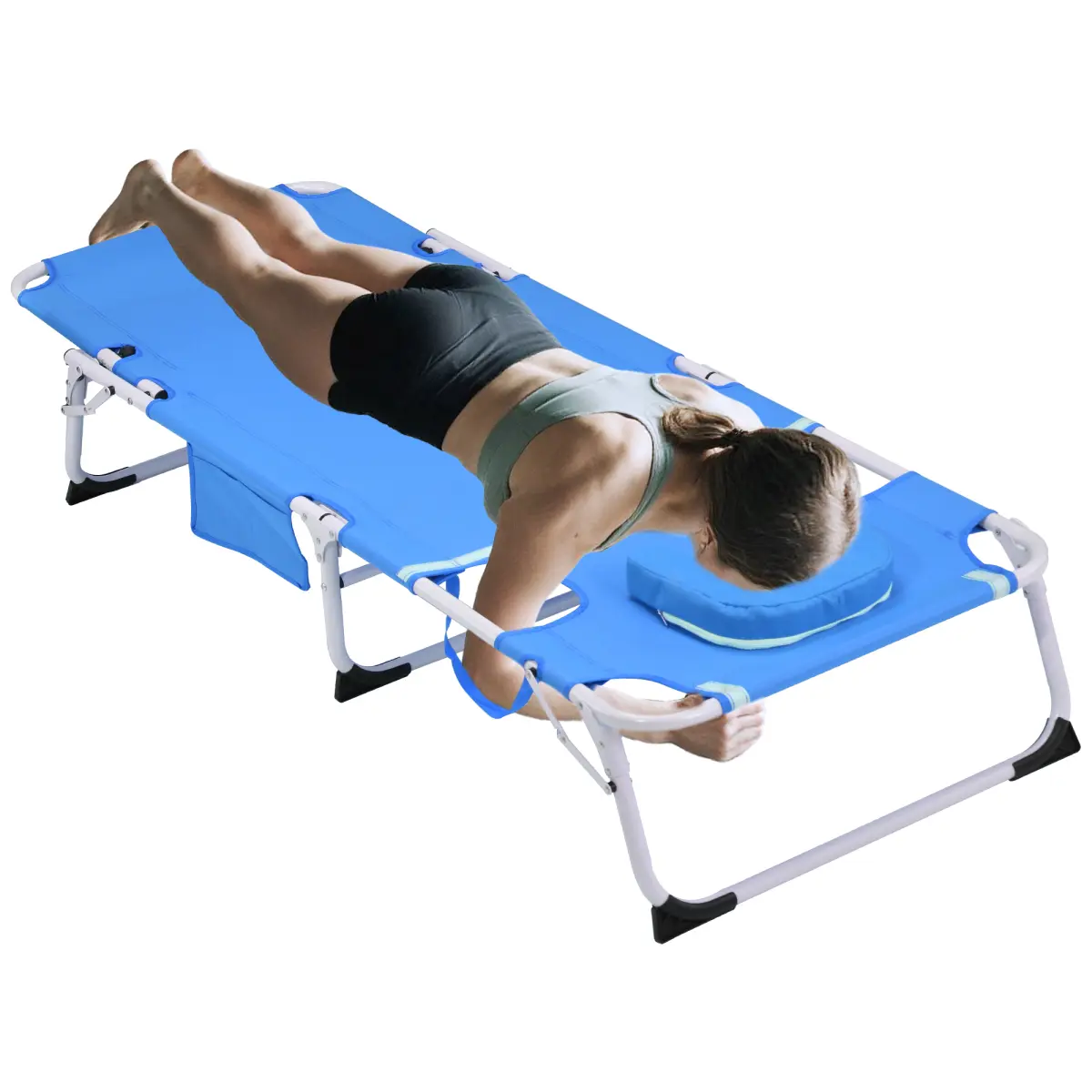 Blue 74.8*23.2*11.8 Inch Folding Tanning Chaise Lounge Chair, 5‑Position Lockable Recliner with Face & Arm Holes, 400‑Lbs Capacity Portable Lay‑Flat Outdoor Beach Patio Pool Lawn Camping Chair, No Assembly Required
