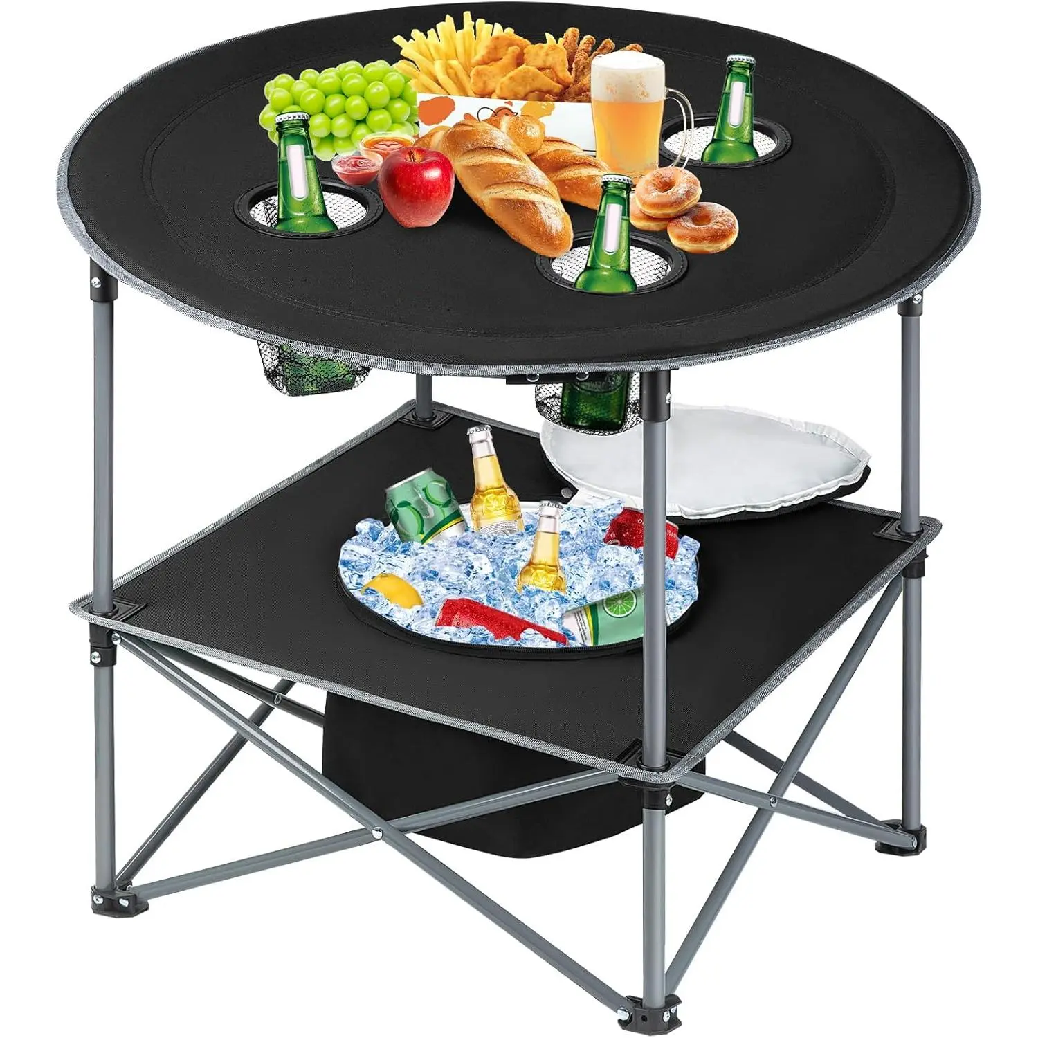 Portable Folding Camping Table with Insulated Cooler Layer, Oxford Fabric Top with 4 Cup Holders & Heavy-Duty Steel Frame for Outdoor Gatherings, Hiking & BBQ, Built-In Cooler, Compact Folded, Moisture Resistant, Quick-Drying
