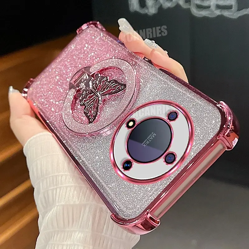 Glitter Butterfly Holder Plating Silicone Case For Huawei Honor Magic 8 Lite Magic 7 Lite Magic 6  Lite Honor X9D X9C X9B Shockproof Cover Within Camera Lens Protector