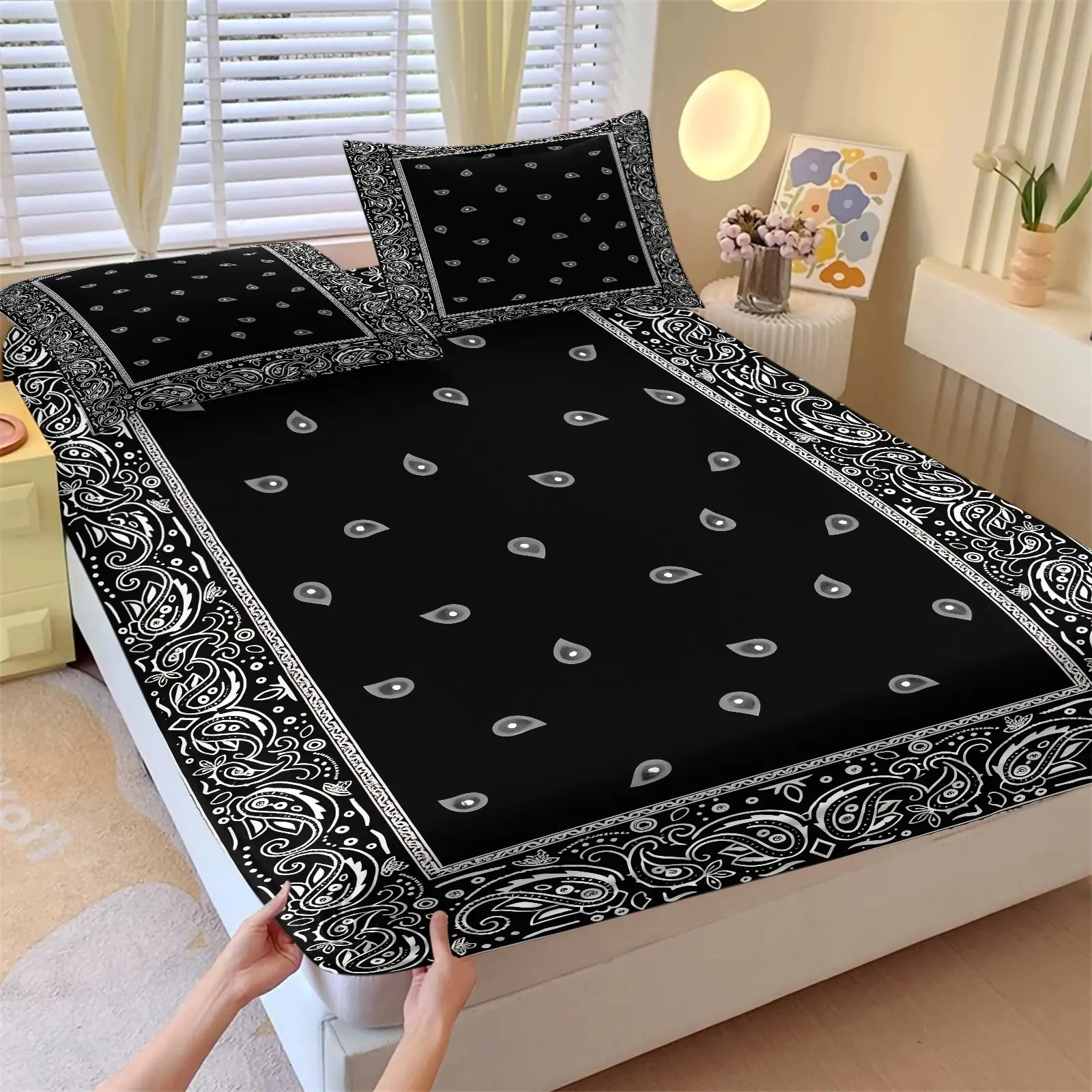 Black White Bandana Paisley Fitted Sheet Set, 1 Fitted Sheet + 2 Pillowcases - 3 Piece, Soft Microfiber Deep Pocket Design All Season, Urban Street Style Bedroom Decoration, Gift for Streetwear Enthusiasts