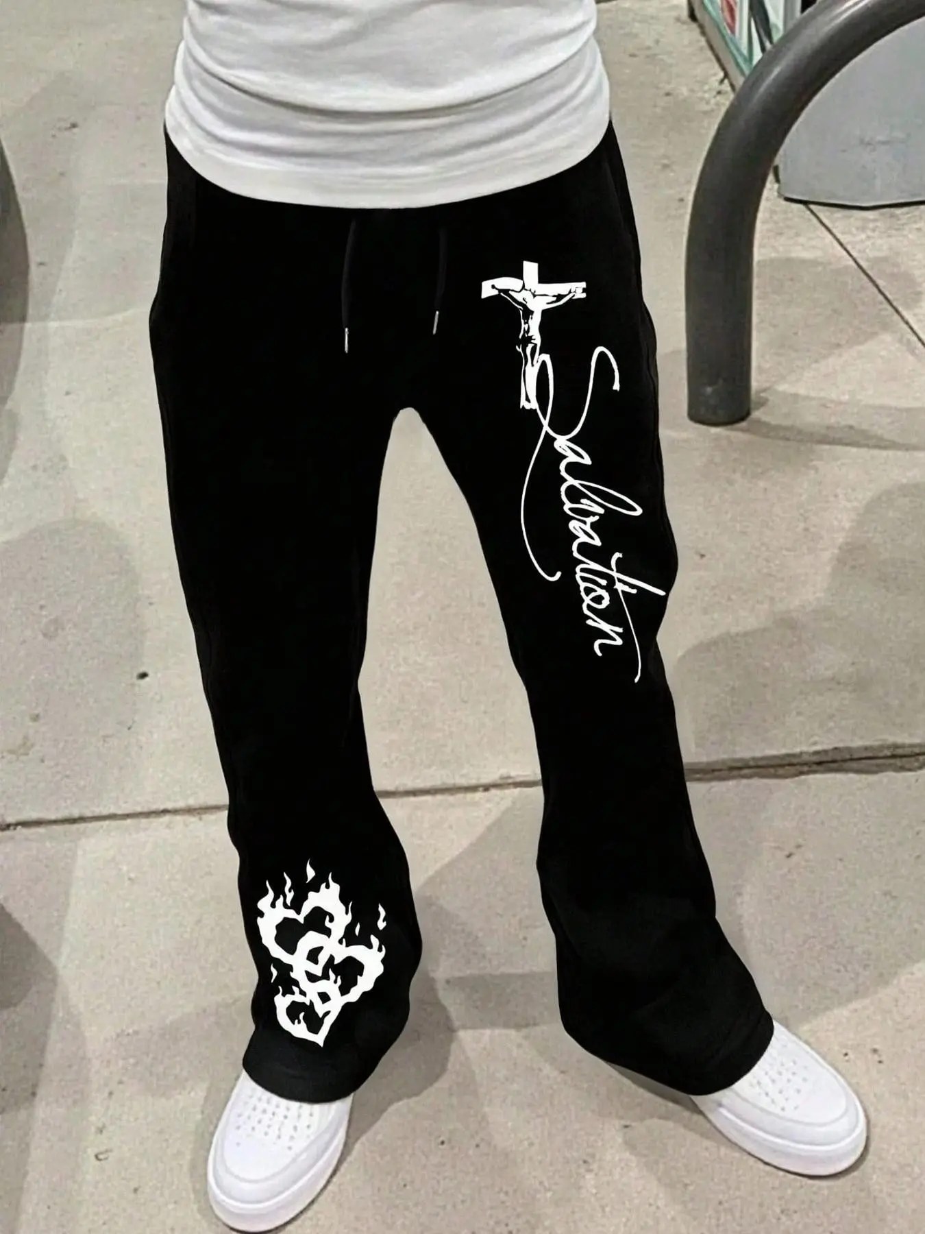 American Vintage Men's Cross Flame Heart Print Sports Pants, Drawstring Loose Fit Streetwear Trousers, Comfortable Running & Daily Wear