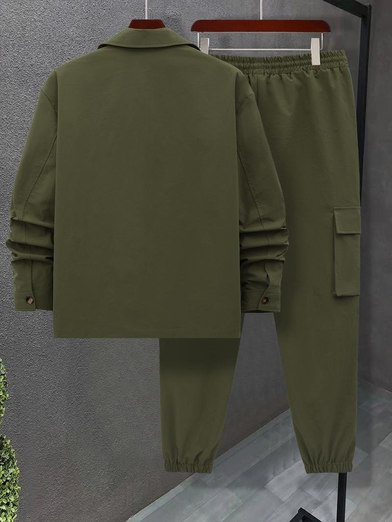 Men's Solid Color Pocket Button Front Jackets & Pants Two-Piece Set, Casual Long Sleeve Collar Top & Trousers Set, Men's Spring & Fall Clothes