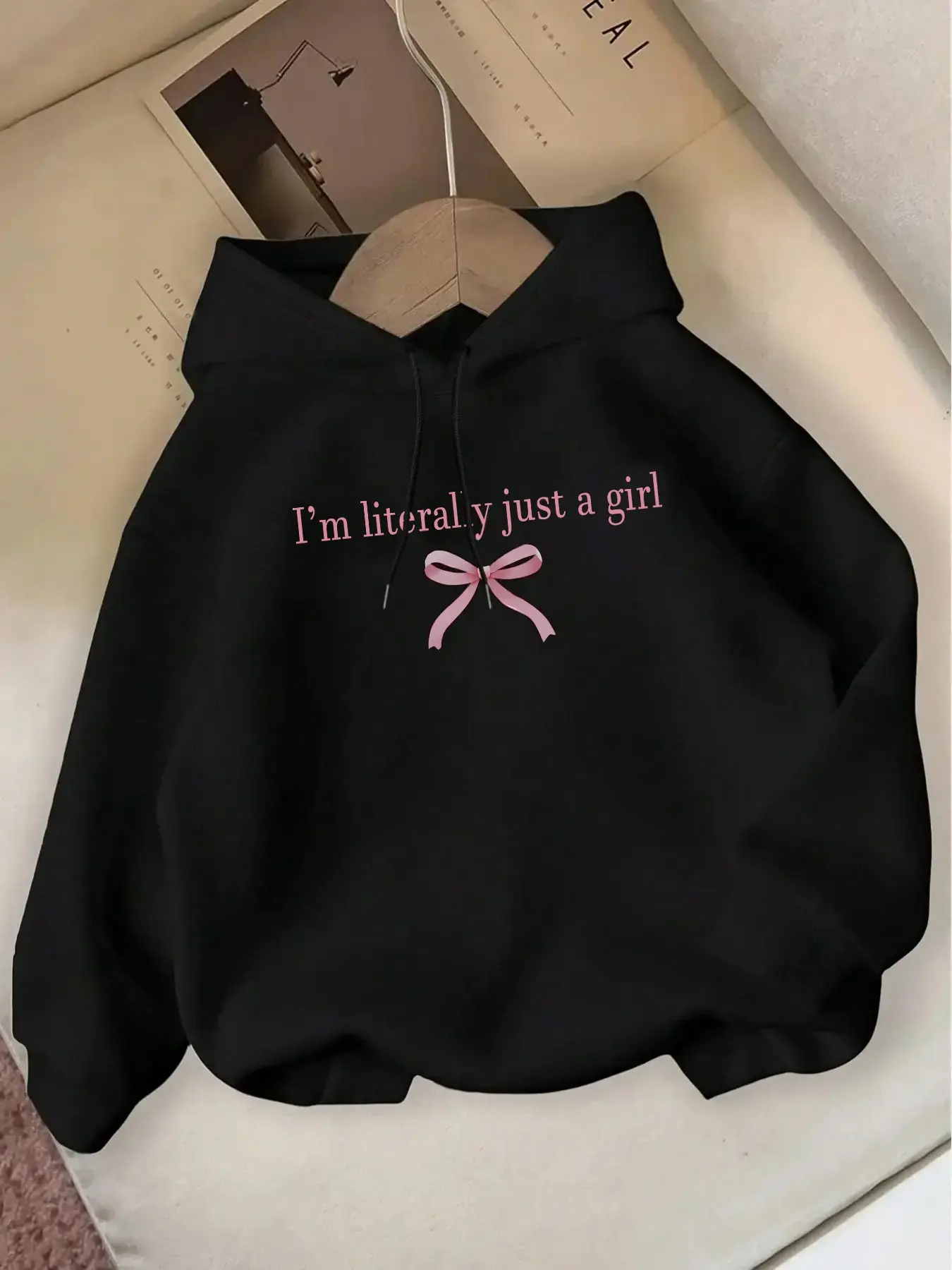 Women's Casual Hooded Sweatshirt, Letter Print Drop Shoulder, Loose-Fit Aesthetic Casual Pullover for All Seasons, Outdoor Wear, Fall & Winter, Hooded Pullover Tops