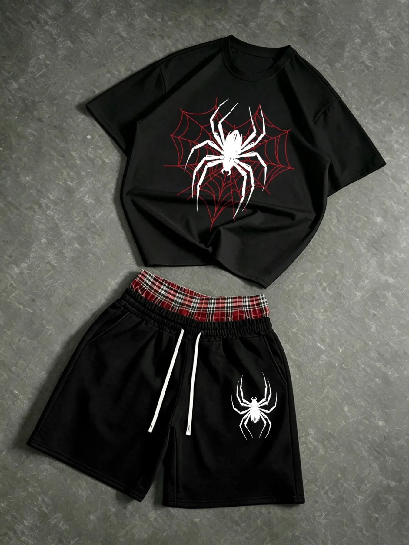 Dark Street Style Menswear Short Sleeve Shirt and Shorts Set, Spider Theme Print Design, Perfect for Summer Daily Wear, Sports, and Cool American Casual Style