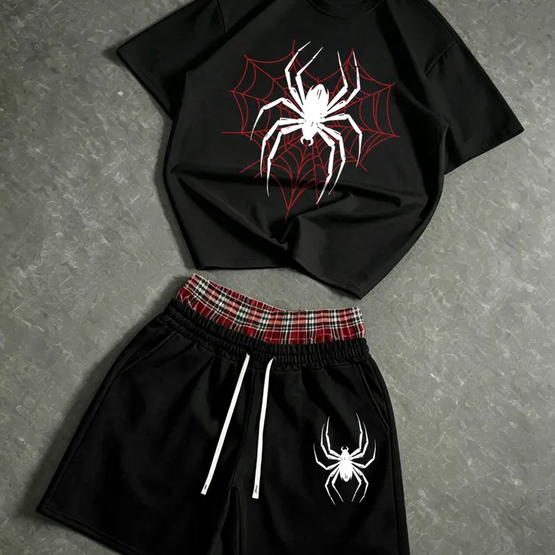 Men's Spider Graphic T-Shirt & Shorts Set, Black Streetwear 2-Piece, Casual Summer Outfit Matching