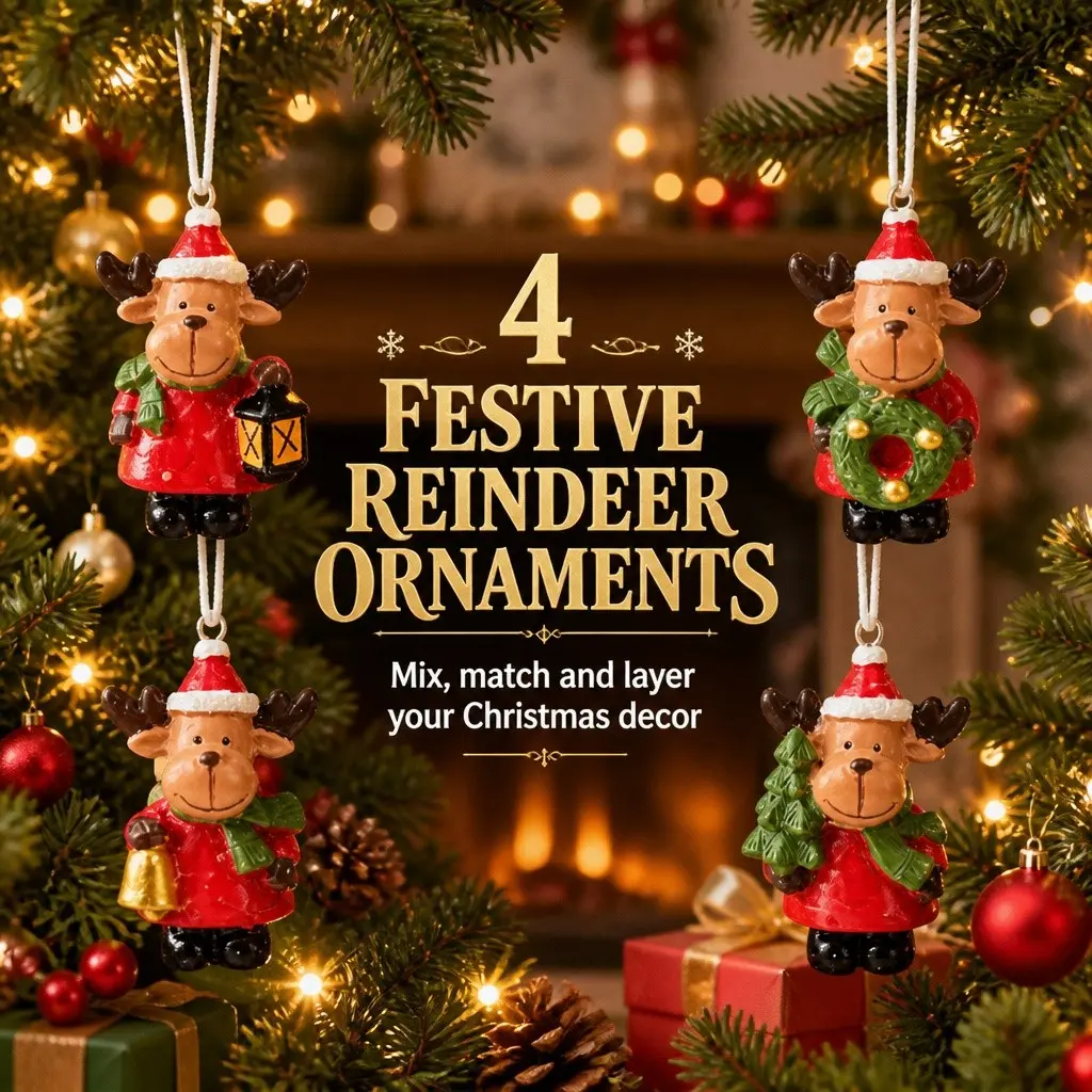 4Pcs Resin Christmas Reindeer Ornaments Set, Mini Elk with Santa Hat Hanging Pendants for Xmas Tree Decoration, Holiday Home Party Decor Gift